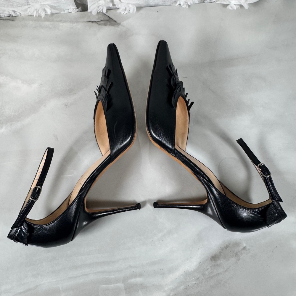 Cole Haan Collection Black Fringe Stiletto Heels Ankle Strap Pointed Toe Leather - Picture 9 of 15
